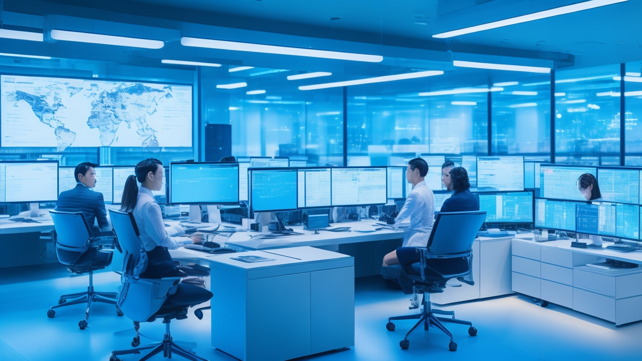 A sleek modern workspace in a high-tech Japanese office featuring diverse professionals collaborating over multiple screens displaying complex Japanese characters and data annotations, illuminated by soft natural and futuristic blue lighting, capturing the precision and cultural nuance behind Japanese AI data annotation.