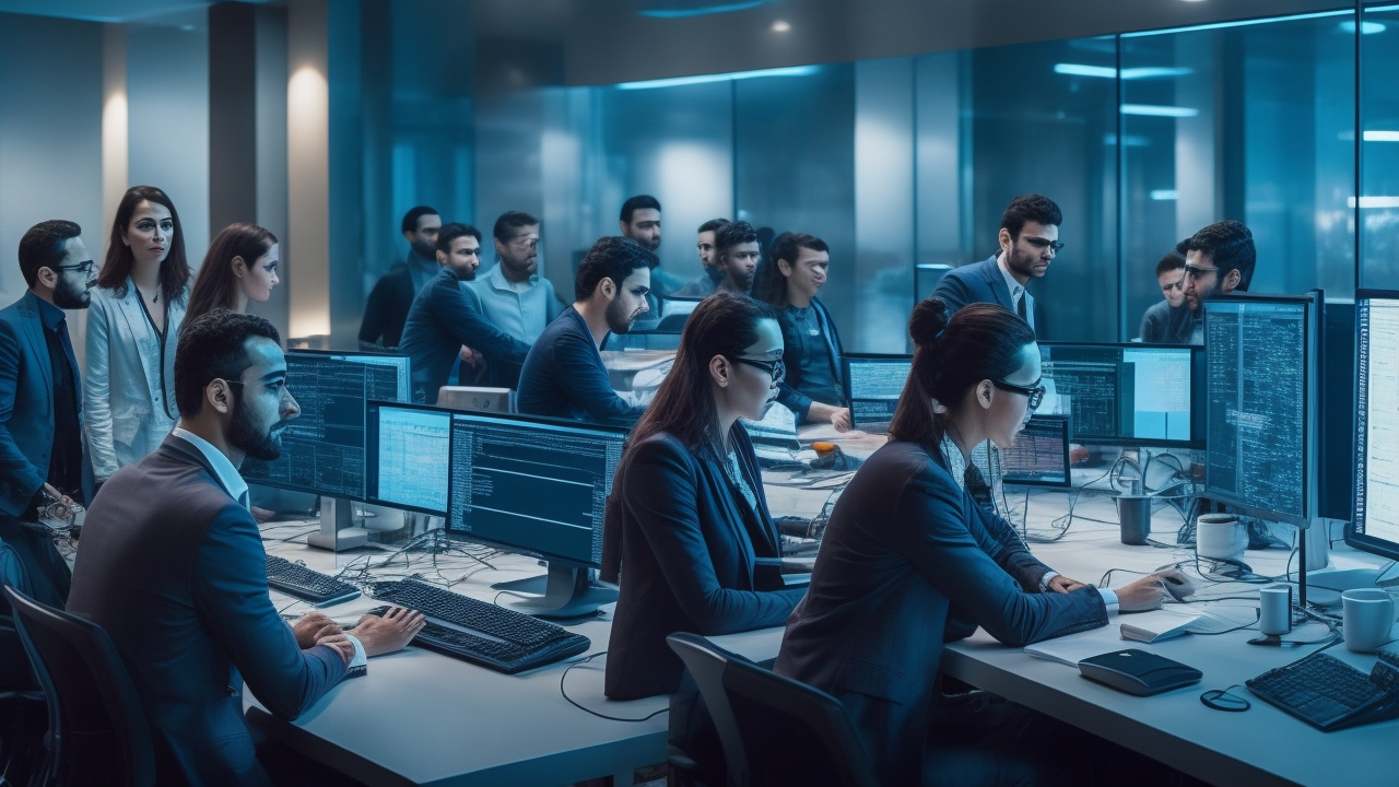 A cinematic editorial photo of a diverse team of Turkish data scientists and annotators collaborating over computers and digital maps in a modern office, with dynamic lighting emphasizing innovation and teamwork powering AI development for the Turkish language.