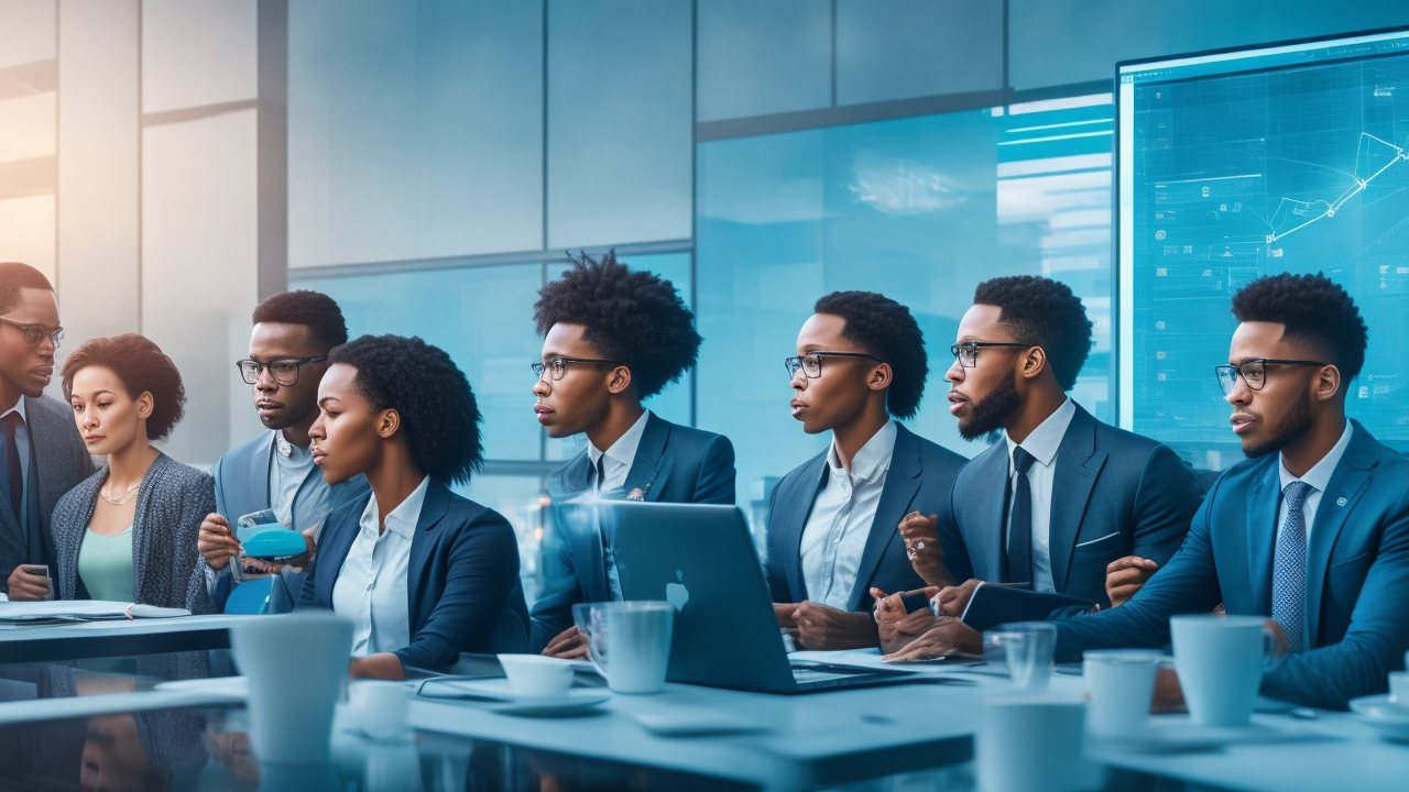 A cinematic editorial image of a diverse group of tech startup professionals collaborating around a futuristic touchscreen interface displaying interconnected keyword clouds and subject tags, set in a modern innovation workspace with sleek digital elements and soft natural lighting.