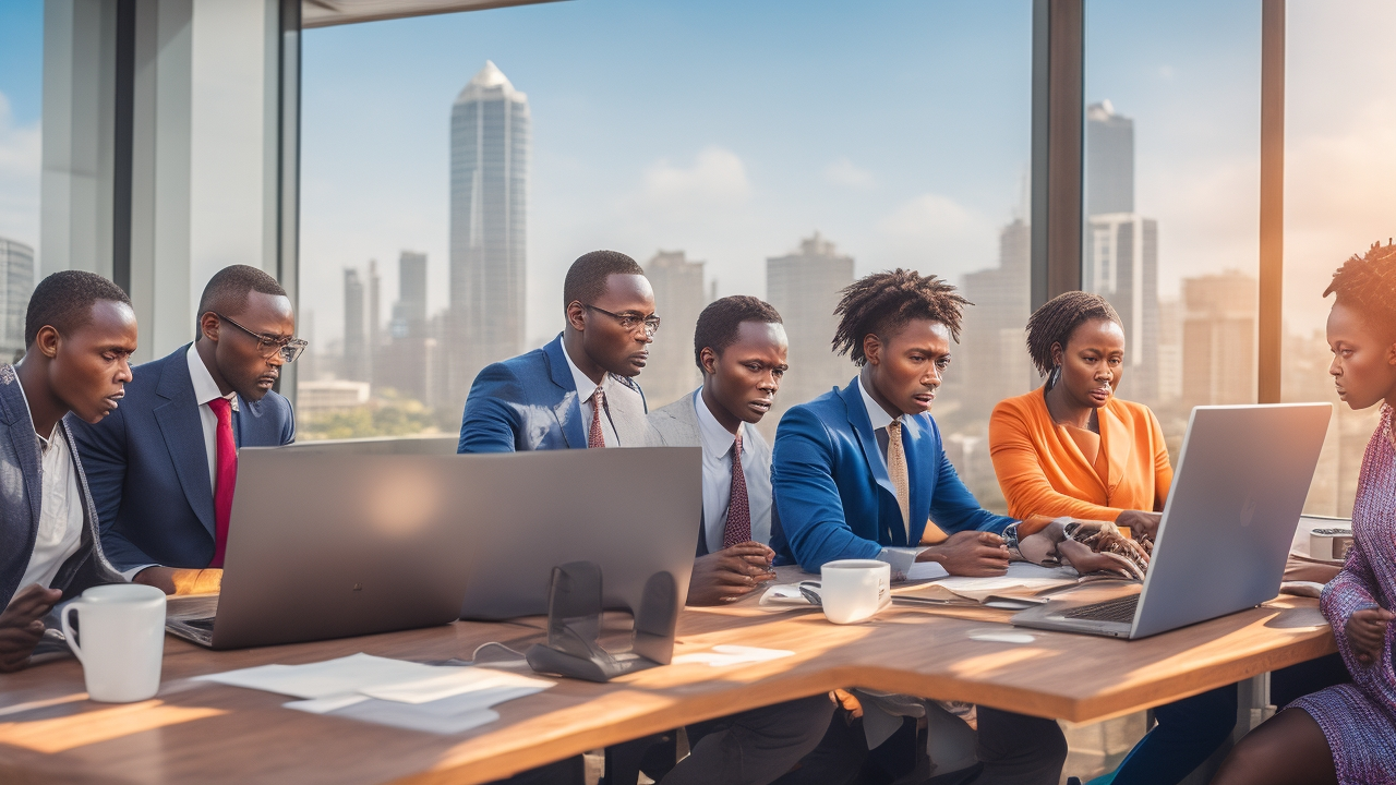 A cinematic editorial image of a diverse group of Kenyan tech professionals collaborating intensely over laptops and digital devices in a modern Nairobi office, with warm natural light highlighting vibrant cultural elements and cityscape views, symbolizing innovation and teamwork in Swahili AI data annotation for Africa’s tech future.