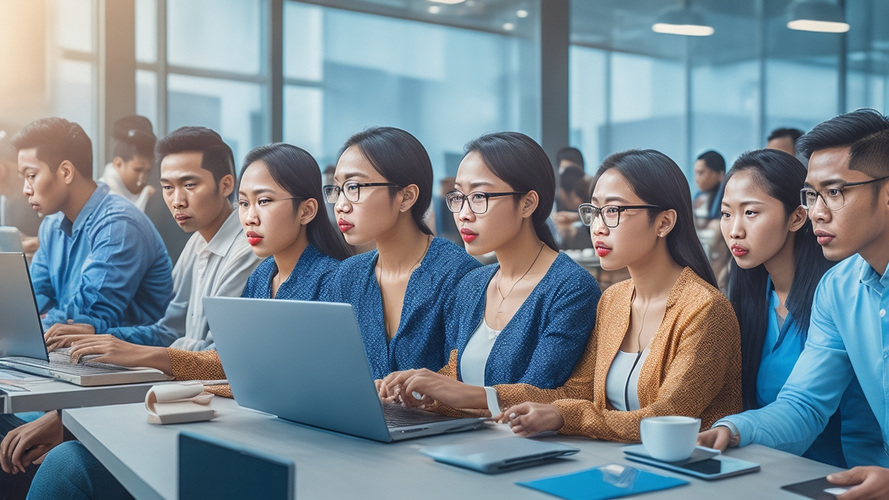 A diverse group of Indonesian data annotators collaborating intently over laptops and digital devices in a modern tech office, surrounded by visualizations of AI data and Bahasa Indonesia language elements, with warm natural light highlighting focused faces and a dynamic, innovative atmosphere.