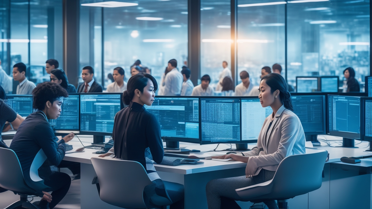 A cinematic editorial-style image of a diverse team of Indonesian data annotators collaboratively working in a modern tech office surrounded by multiple screens displaying complex datasets and linguistic maps, with soft natural lighting emphasizing focus and cultural authenticity.