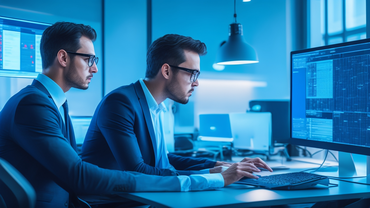 A focused tech startup founder working intently on a laptop in a modern, stylish office filled with digital screens displaying abstract data and keyword graphs, bathed in cool cinematic lighting that emphasizes innovation and strategic thinking.