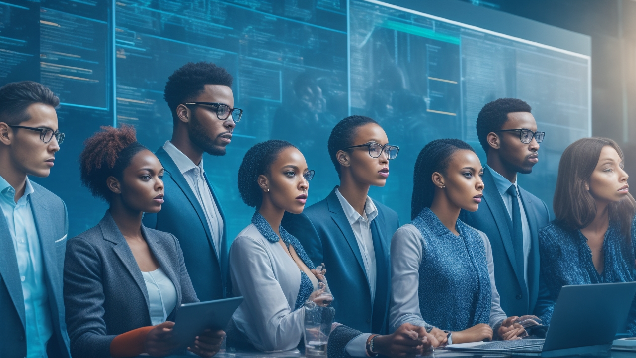 A cinematic editorial image of a diverse group of tech entrepreneurs and researchers analyzing layered digital screens filled with interconnected keywords and subject headings, symbolizing the strategic differentiation and integration of search terms in innovation and SEO.
