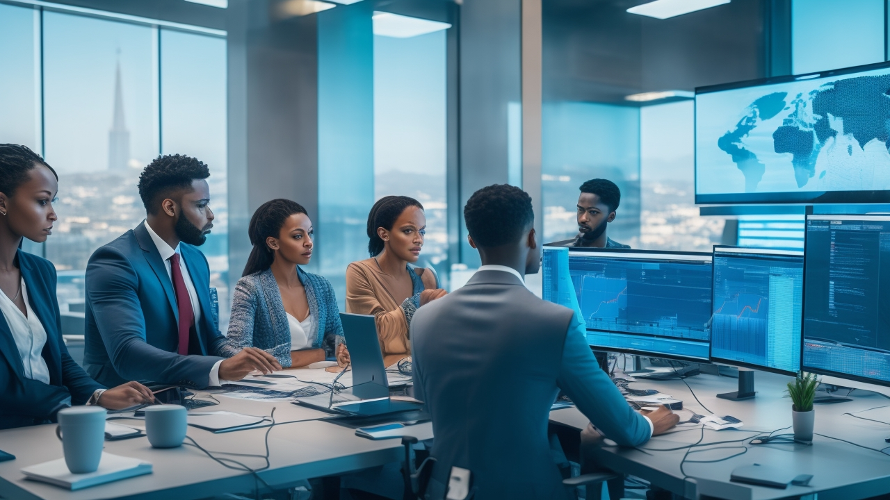 A cinematic wide-angle shot of a diverse team of focused professionals collaborating in a modern Moroccan tech office with multiple screens displaying complex data visualizations and maps, subtly highlighting French and multilingual AI annotation work in a dynamic, innovative environment.
