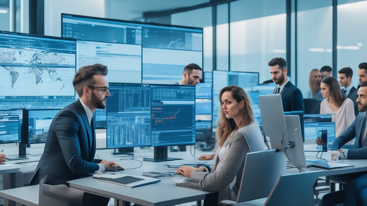 A cinematic, editorial-style image of a modern German tech workspace featuring diverse professionals collaborating intently around multiple large screens displaying complex data visualizations and AI-related graphics, set against a sleek, high-tech office background with subtle German design elements, emphasizing precision, innovation, and advanced data annotation for AI development in 2025.