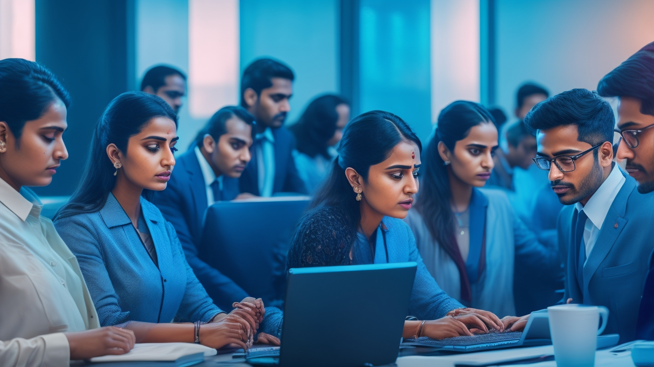 A cinematic editorial photograph depicting a diverse team of Indian data annotators collaborating intently around computers in a modern tech office, illuminated by soft ambient lighting, showcasing advanced Hindi language AI data annotation and innovation in India’s booming technology sector.
