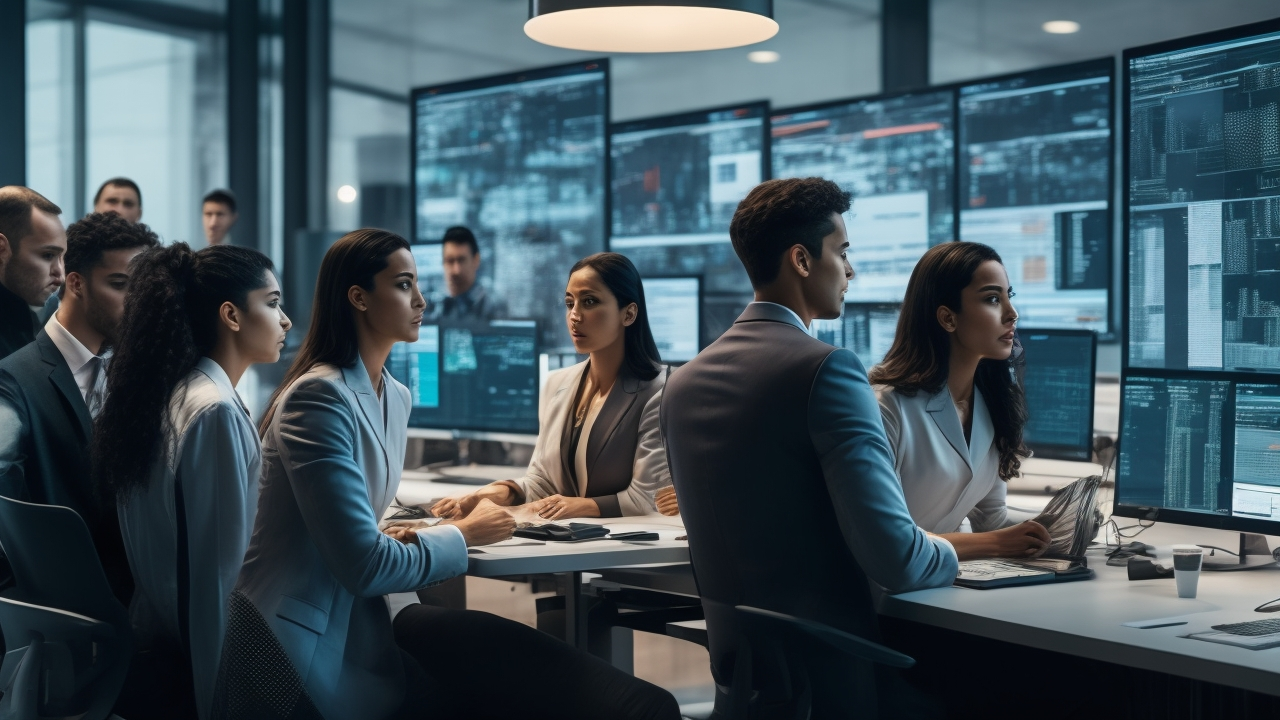 A cinematic editorial image of diverse Spanish-speaking data annotators collaborating around high-tech screens displaying complex AI and language data visualizations in a modern Barcelona office, capturing innovation, cultural nuance, and cutting-edge technology powering Spain’s AI data annotation leadership in 2025.
