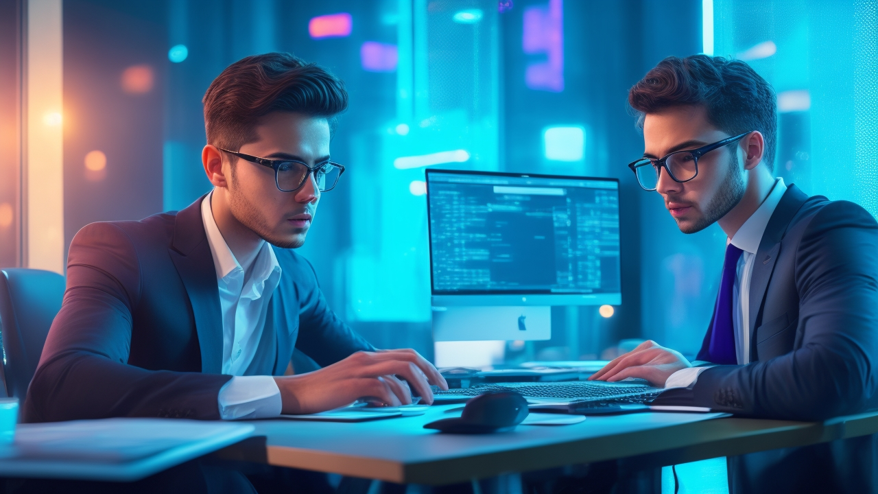 A cinematic editorial-style image of a focused young tech entrepreneur working late at a sleek laptop surrounded by holographic keyword and data analytics visuals hovering in a modern office, symbolizing innovative SEO strategy and startup growth.