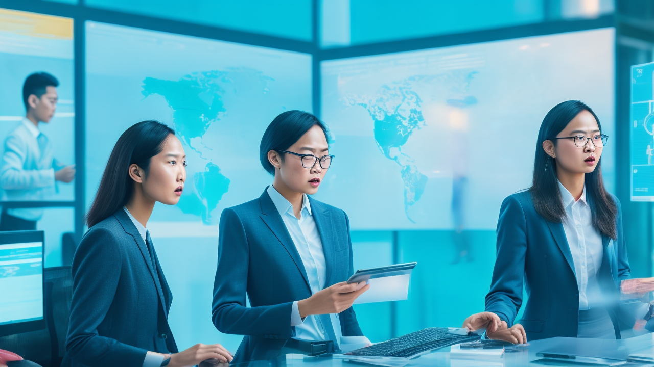 A cinematic editorial scene of diverse Asian professionals collaboratively analyzing multilingual data on transparent digital screens, set against a sleek high-tech office backdrop that reflects innovation and AI-driven language annotation across Asia Pacific.