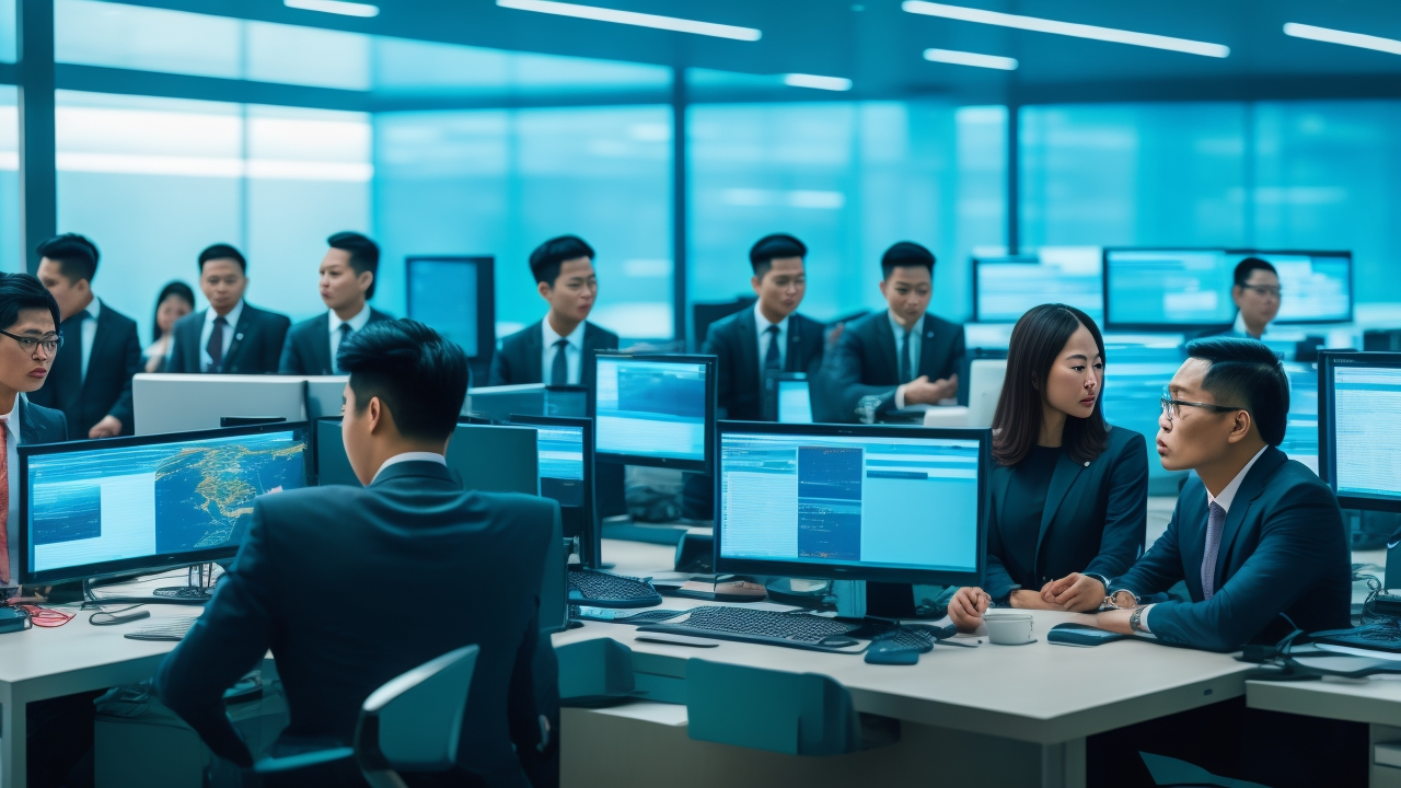 A dynamic, cinematic scene of a modern Filipino data annotation team collaborating in a sleek, high-tech office, surrounded by multiple screens displaying complex AI data visualizations and Tagalog language text, highlighting innovation and teamwork driving AI development in the Philippines.