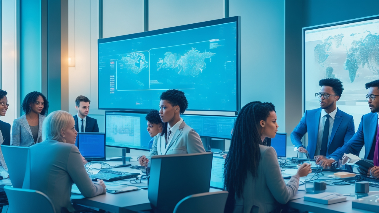 A cinematic editorial image of diverse professionals collaborating around multiple high-tech screens displaying complex data visualizations in a modern UK office, symbolizing cutting-edge English language AI data annotation and innovation.
