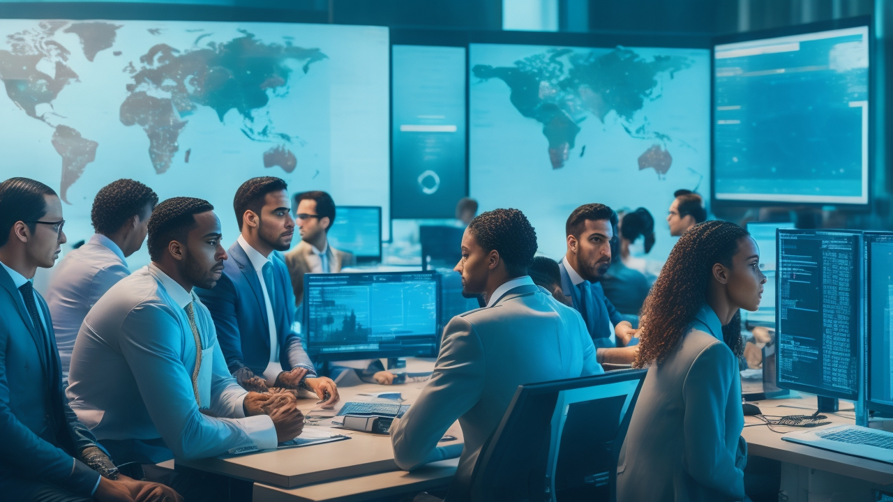 A dynamic, cinematic shot of a diverse team of Brazilian data scientists and annotators collaborating intensely over multiple screens displaying complex Portuguese text and geographic data, set in a modern, high-tech office with warm natural light illuminating maps of Brazil and AI-related data visualizations.