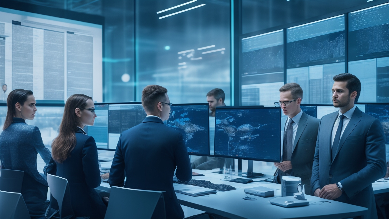 A cinematic editorial image of a diverse team of professionals collaborating over multiple transparent digital screens displaying complex data patterns and Russian-language text, set in a modern high-tech office with ambient lighting that evokes innovation and focus on AI data annotation in Russia.