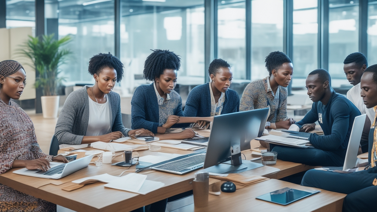 A dynamic editorial photo of a diverse Kenyan data annotation team collaborating around laptops and digital devices in a modern tech workspace, with subtle African design elements and warm natural light conveying innovation in multilingual AI and Swahili language data processing.