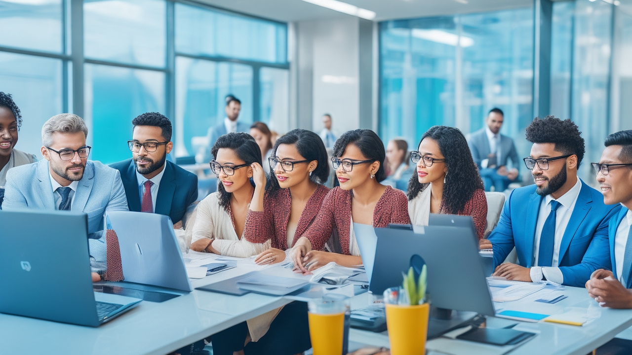 A diverse group of professionals collaborating around digital devices in a modern office with Latin American cultural elements subtly visible, illustrating multilingual AI data annotation empowering innovation across LATAM industries.