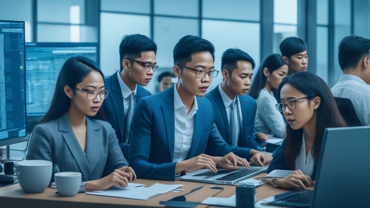 A cinematic editorial image of a diverse team of focused Filipino professionals collaborating around computers and digital devices in a modern office, analyzing and annotating data streams with subtle Tagalog cultural elements in the background, symbolizing cutting-edge AI and machine learning innovation in the Philippines.
