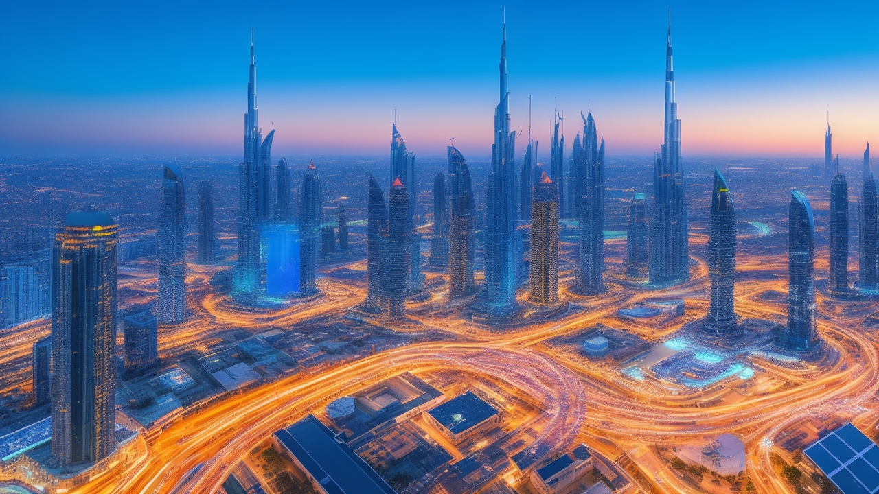 A cinematic aerial view of a modern UAE city skyline at dusk, with sleek skyscrapers glowing warmly, overlaid by subtle semi-transparent digital data streams and abstract annotated Arabic text symbols subtly integrated into the atmosphere, symbolizing advanced AI and data annotation powering Arabic language technology innovation.