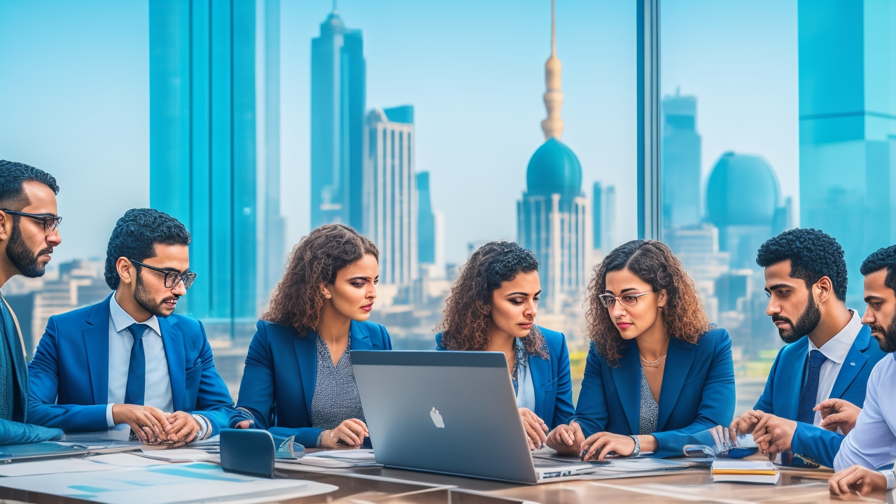 A cinematic, editorial-style photo of a diverse team of Egyptian data scientists and linguists collaborating over laptops and digital devices in a modern tech office, with Arabic script subtly reflected on glass walls and cityscape views of Cairo’s skyline through large windows, capturing innovation and AI development in Egypt’s Arabic data annotation industry.