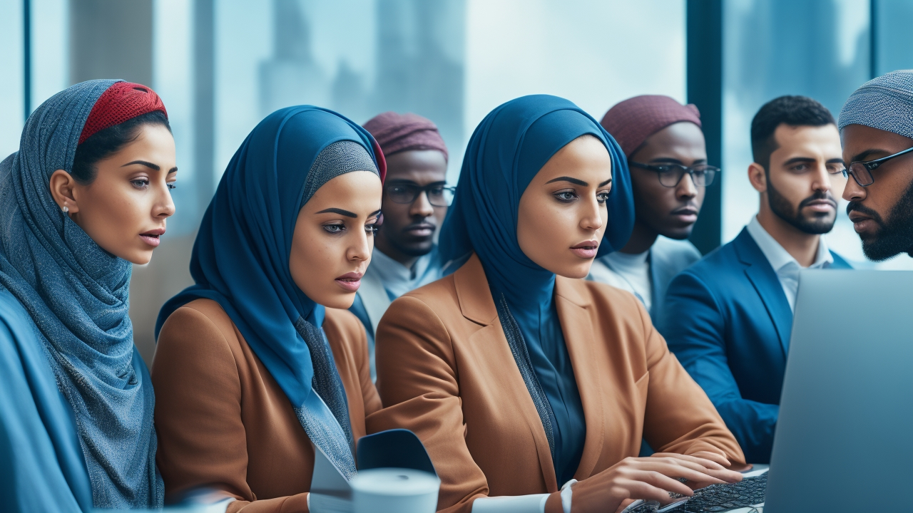 A cinematic, editorial-style image of a diverse team of professionals collaborating around computers and digital interfaces, showcasing Arabic and French linguistic elements subtly in the background, set in a modern North African urban tech hub with warm, natural lighting emphasizing innovation and multilingual AI development.