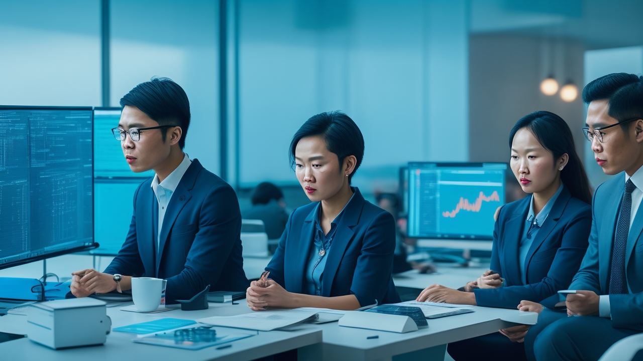 A cinematic editorial-style office scene showing diverse Vietnamese professionals collaboratively analyzing and annotating complex linguistic data on multiple large computer screens, with subtle high-tech AI and data visualization elements around them, set in a modern, well-lit Vietnamese tech workspace.