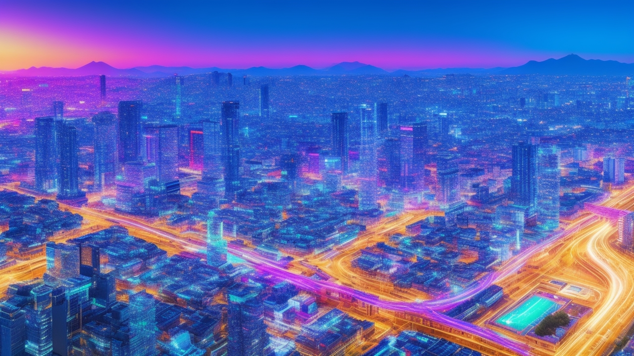 A dynamic, cinematic aerial view of a high-tech South Korean city skyline at dusk, with glowing digital data streams and holographic Korean text overlays subtly integrated into the urban environment, reflecting innovation and advanced AI technology powering data annotation and language projects.