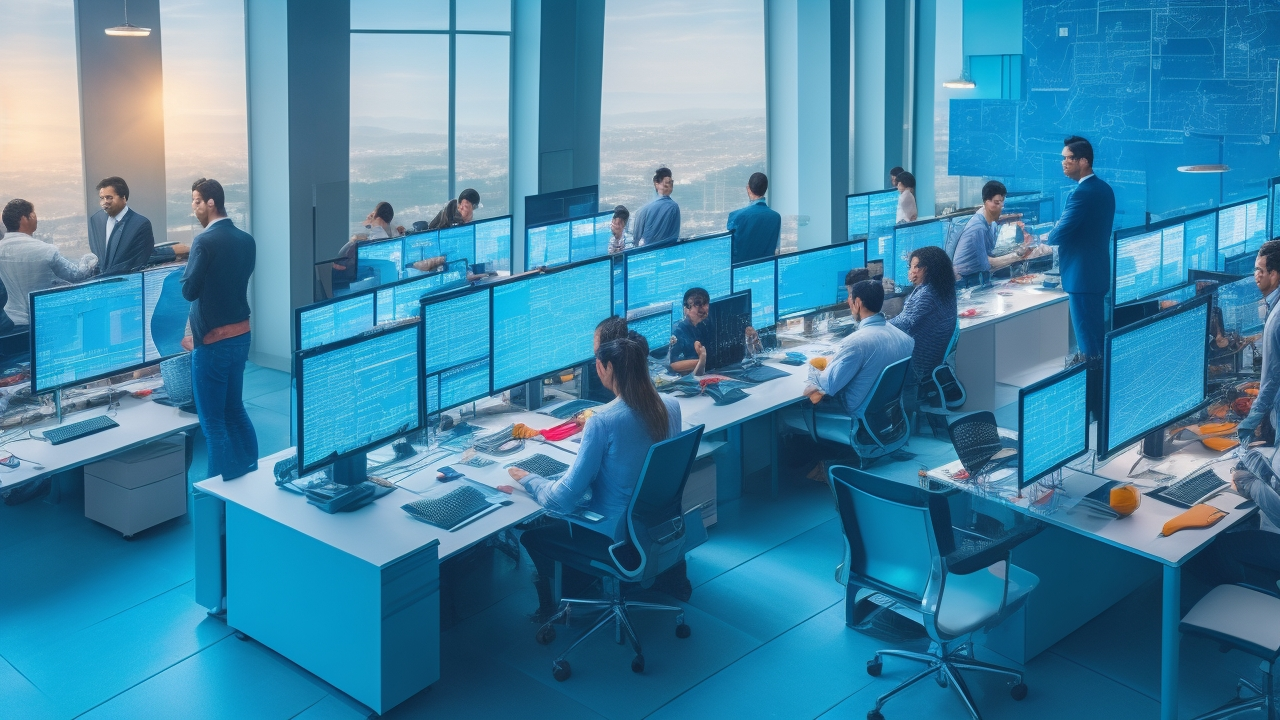 A cinematic overhead shot of a diverse team of Mexican professionals collaborating in a modern, sunlit office filled with multilingual data visualization screens and digital maps, symbolizing high-tech Spanish language AI data annotation powering Mexico's innovation and startup ecosystem in 2025.
