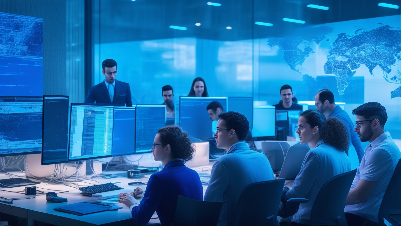A dynamic, cinematic editorial image of a diverse team of Israeli tech professionals collaborating intensely over computers and digital maps displaying Hebrew text and AI data visualizations in a modern high-tech office, illuminated by cool blue and warm ambient lighting to evoke innovation and cutting-edge AI development in Israel’s data annotation industry.