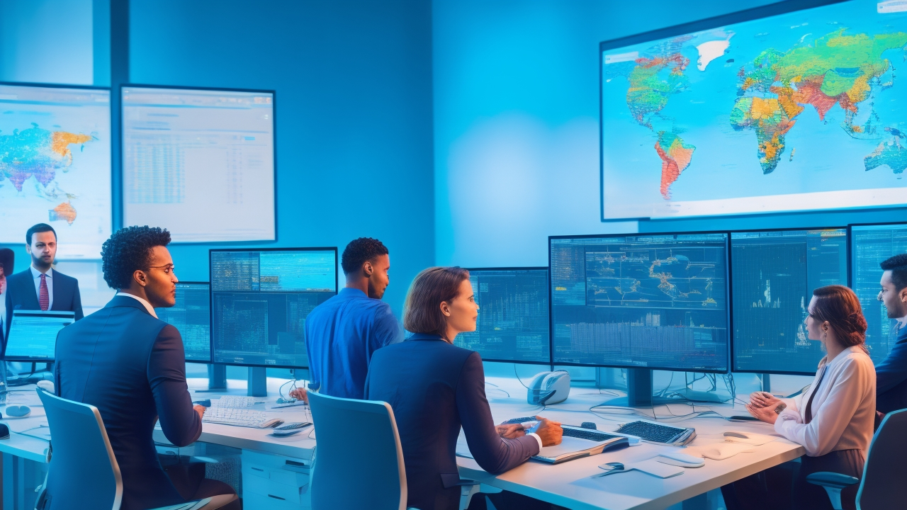 A high-tech office scene showing diverse professionals collaborating over multiple computer screens displaying complex data visualizations and maps, with warm cinematic lighting capturing a dynamic Spanish AI startup environment focused on data annotation and linguistic technology.
