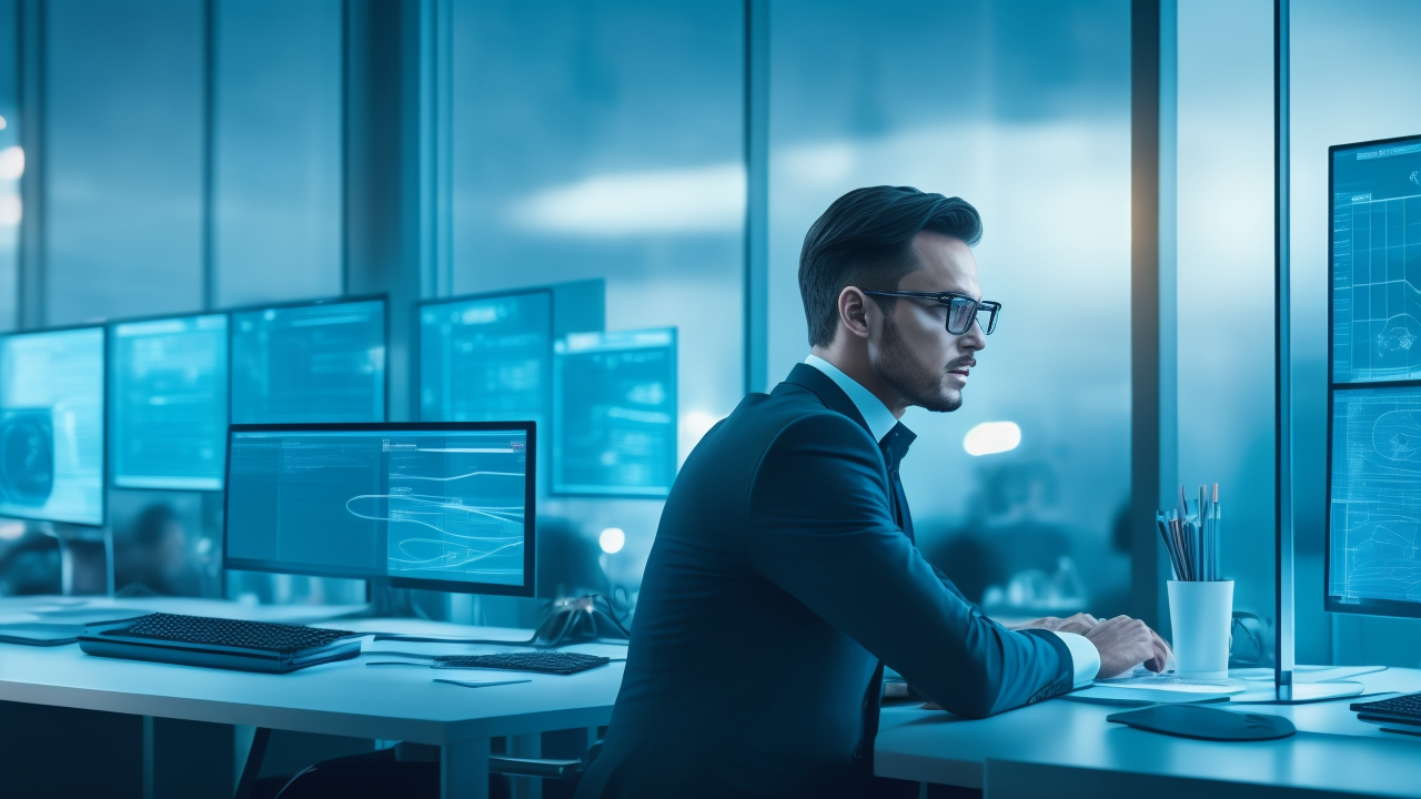 A cinematic editorial image of a thoughtful entrepreneur analyzing digital data and search analytics on multiple transparent screens, surrounded by floating keywords and conceptual topic icons, set in a modern, sleek high-tech office with moody lighting that highlights innovation and strategic planning in SEO.