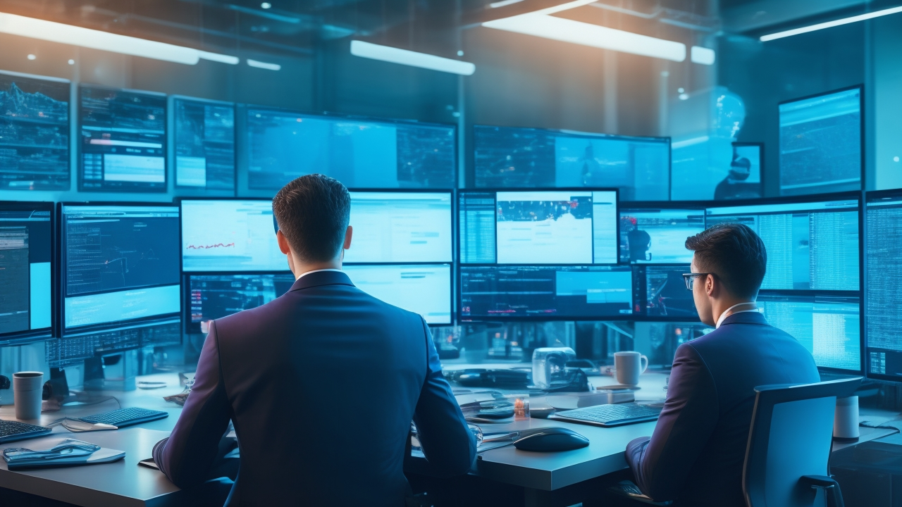 A cinematic editorial scene showing a focused professional analyzing keyword research data on multiple screens, surrounded by digital visuals of interconnected subject clusters and search graphs in a modern high-tech workspace.