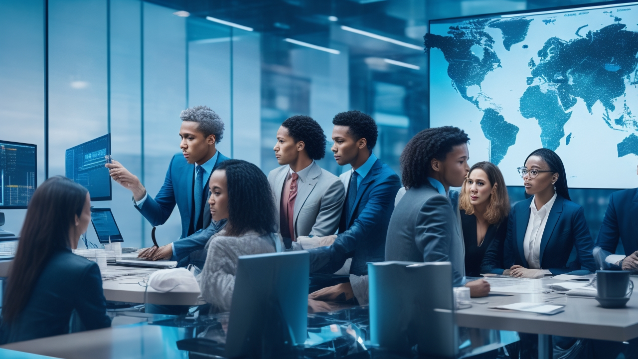 A cinematic editorial photo of a diverse group of technology professionals collaborating around a large digital screen displaying complex multilingual data visualizations and global networks, symbolizing the cutting-edge process of AI localization and multilingual data annotation in a modern high-tech workspace.