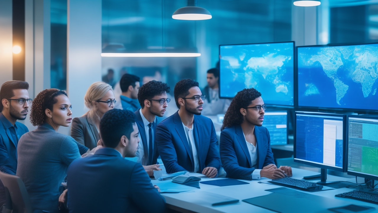 A cinematic editorial photo of a diverse team of Brazilian data annotators collaborating intently over multiple screens displaying complex AI data visualizations, set in a modern, brightly lit tech office symbolizing innovation and the growth of Portuguese-language AI projects in Brazil.