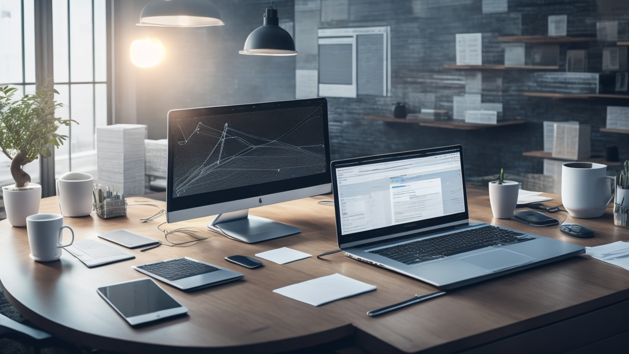 A cinematic editorial image of a modern workspace with a sleek laptop displaying abstract data visualizations, surrounded by organized notes and digital devices, symbolizing the strategic balance between flexible keywords and precise subject headings for effective research and SEO success.