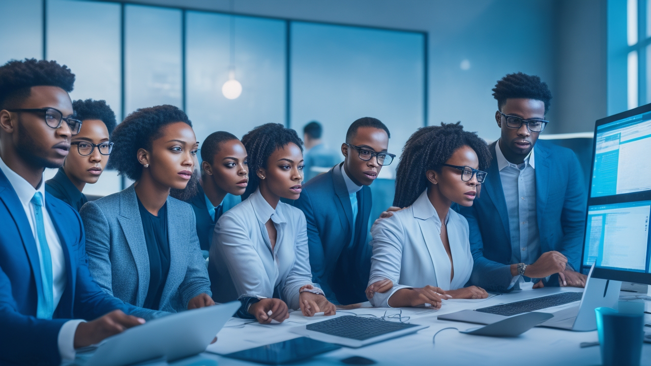 A dynamic, cinematic image of a diverse group of young tech entrepreneurs collaborating intensely over a sleek digital dashboard filled with glowing data visualizations and keyword charts, set in a modern, stylish startup workspace with ambient natural light.