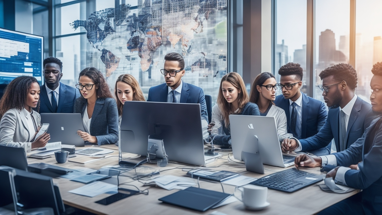 A diverse group of professionals collaborating over laptops and digital devices in a modern, well-lit office, surrounded by screens displaying complex data visualizations and maps, capturing the global teamwork behind crowdsourcing and data annotation driving AI innovation.
