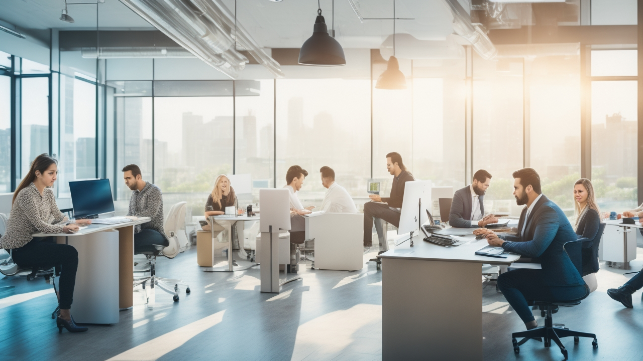 A dynamic tech startup office scene bathed in natural light, featuring diverse young professionals collaborating intensely over laptops and digital devices displaying SEO analytics and keyword data, with blurred cityscape and modern whiteboards in the background to convey innovation, strategy, and digital growth.