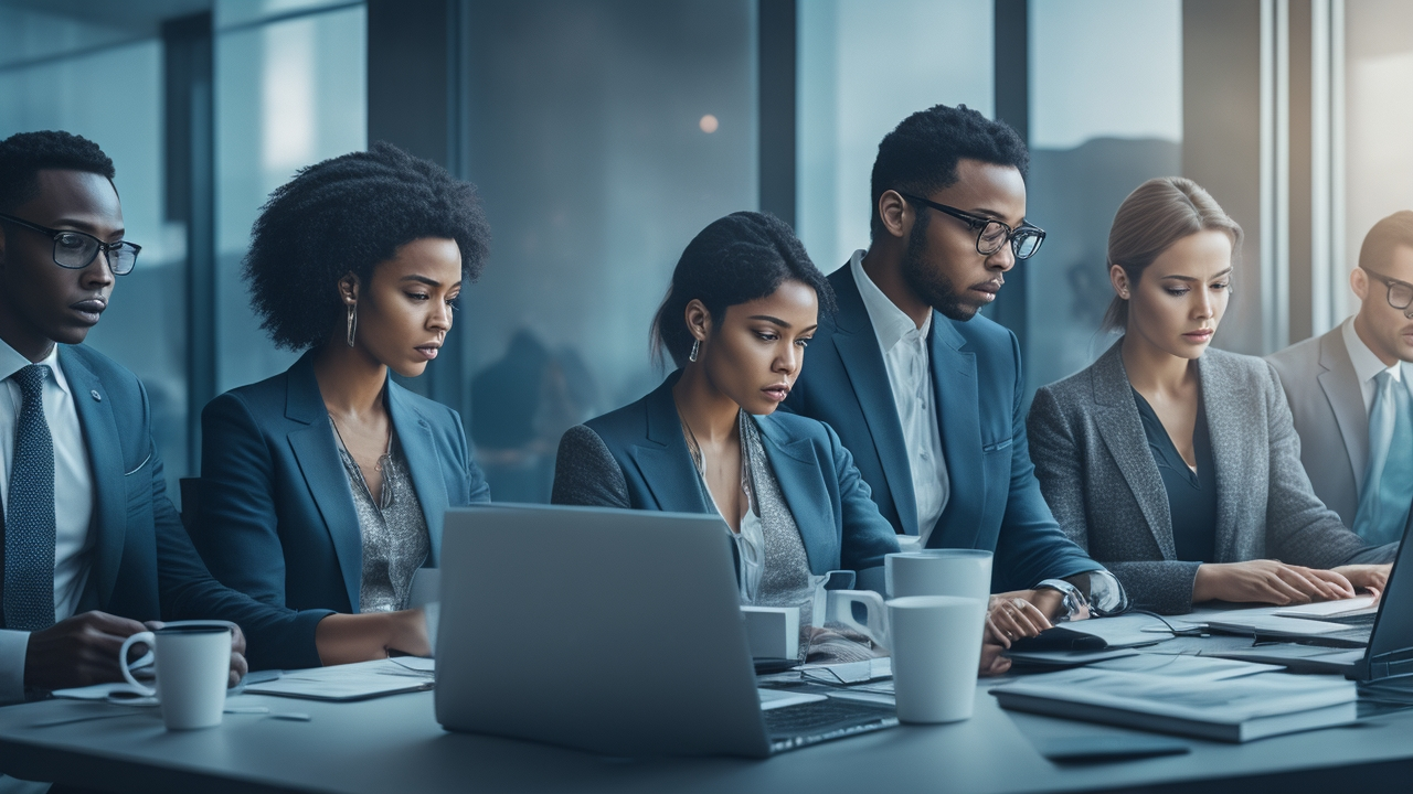A cinematic editorial image showing a focused diverse team of tech startup professionals collaborating over laptops and digital devices in a modern, stylish workspace, illuminated by soft natural light with futuristic data visualization overlays subtly integrated in the background, symbolizing strategic keyword research and innovation leadership.
