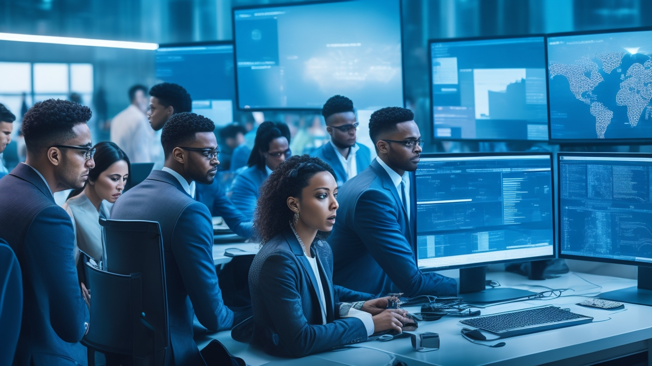 A cinematic editorial image showing a diverse team of skilled professionals collaborating intently over multiple screens displaying complex data visualizations and annotation interfaces in a modern high-tech workspace, symbolizing innovation and precision in data annotation powering the future of AI and startups in 2025.