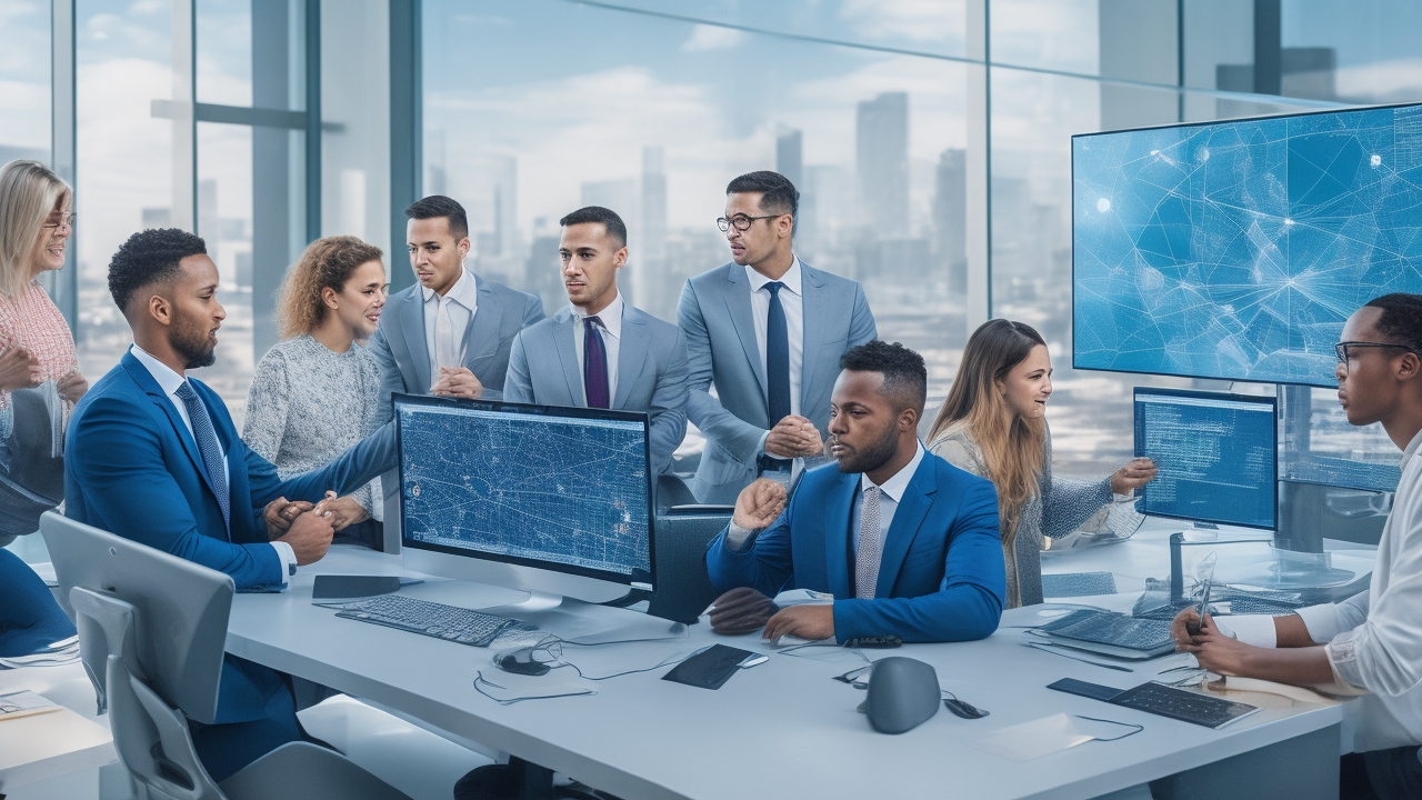 A diverse group of professionals collaborating around high-tech digital interfaces displaying complex data visualizations and AI models in a modern, sleek office environment, illuminated by soft natural light and futuristic blue accents, conveying global teamwork and innovation driving tech startups through data annotation and crowdsourcing.