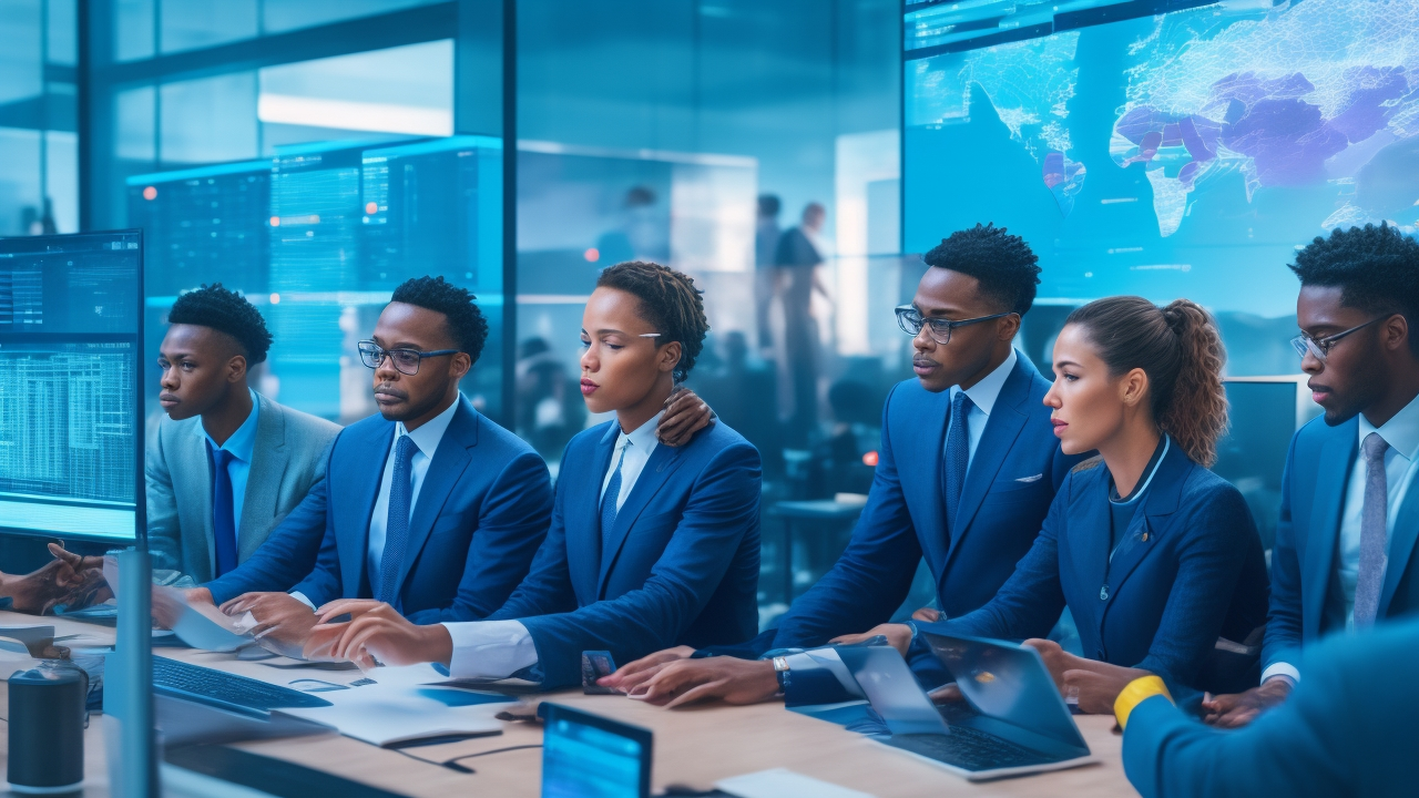 A cinematic, editorial-style image depicting a diverse group of tech startup professionals collaborating intensely around futuristic digital interfaces and data visualization screens in a modern, high-tech workspace, symbolizing global innovation and teamwork in crowdsourcing and data annotation for AI development.