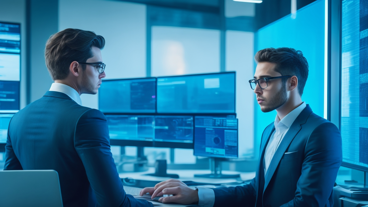 A cinematic editorial photo of a focused young professional at a sleek modern workspace, surrounded by multiple digital screens displaying abstract search data and content categories, illustrating the concept of distinguishing between keywords and subjects for smarter research and SEO in a tech startup environment.