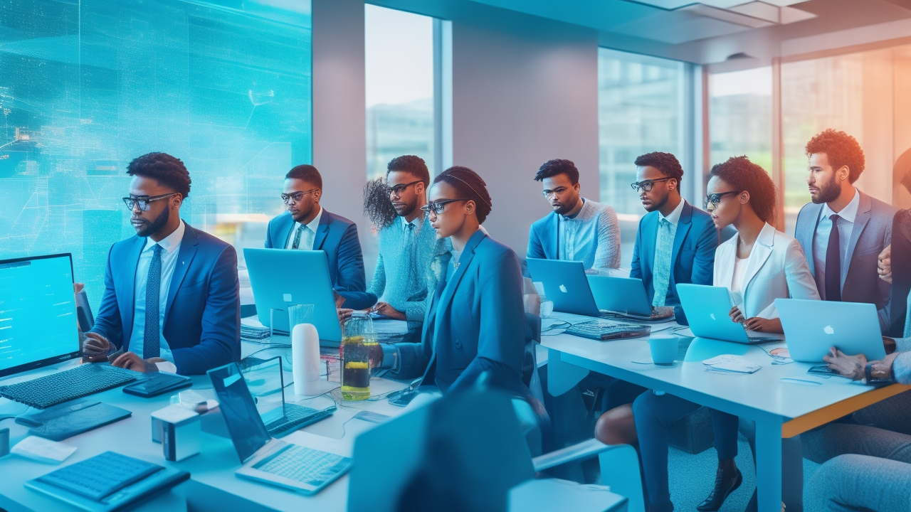 A dynamic editorial-style photo of a diverse group of tech entrepreneurs collaborating around a sleek digital workspace filled with floating holographic keyword data and futuristic charts, set in a modern, light-filled startup office that conveys innovation, strategy, and digital growth.