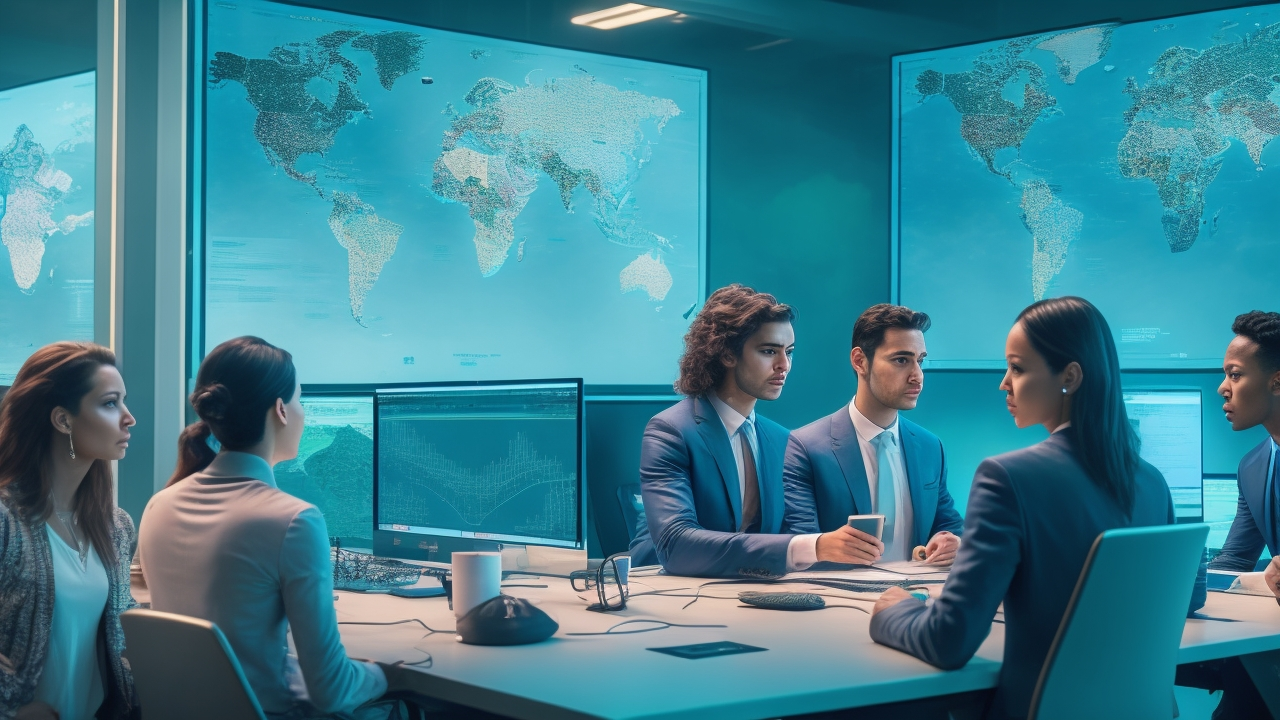 A cinematic editorial image of a diverse, dynamic team collaborating around multiple digital screens displaying complex data visualizations and AI-powered annotations, set in a modern high-tech startup office with a global map softly illuminated in the background, symbolizing worldwide crowdsourcing and data-driven innovation powering technology entrepreneurs.