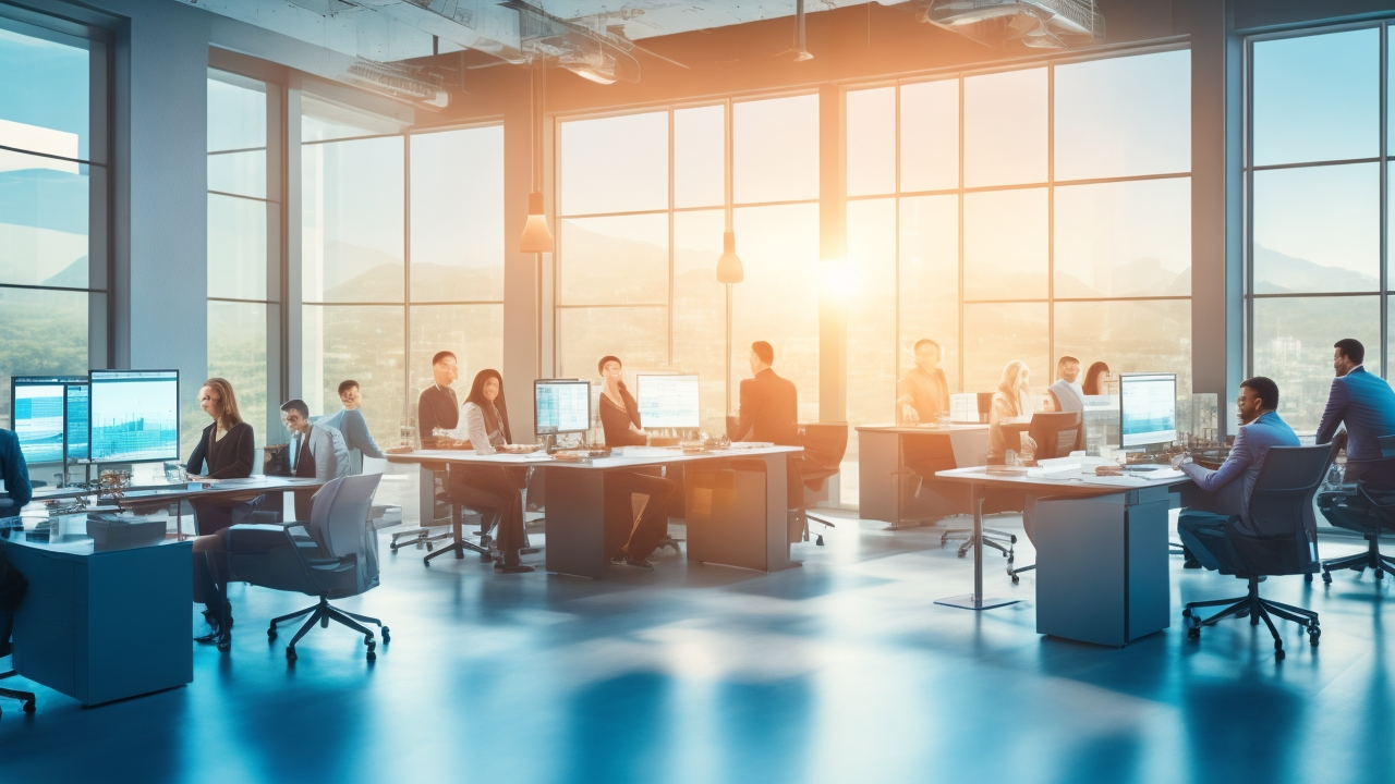 A dynamic, cinematic scene of a modern workspace with diverse entrepreneurs and investors collaborating over digital devices displaying abstract data visualizations and keyword analytics, illuminated by soft natural light streaming through large windows, evoking innovation, research, and strategic growth.