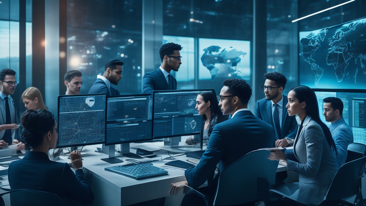 A dynamic, cinematic editorial image showing a diverse team of professionals collaborating over multiple digital screens displaying multilingual data and complex language patterns, set in a modern high-tech workspace illuminated by soft ambient lighting that emphasizes global connectivity and advanced AI technology.