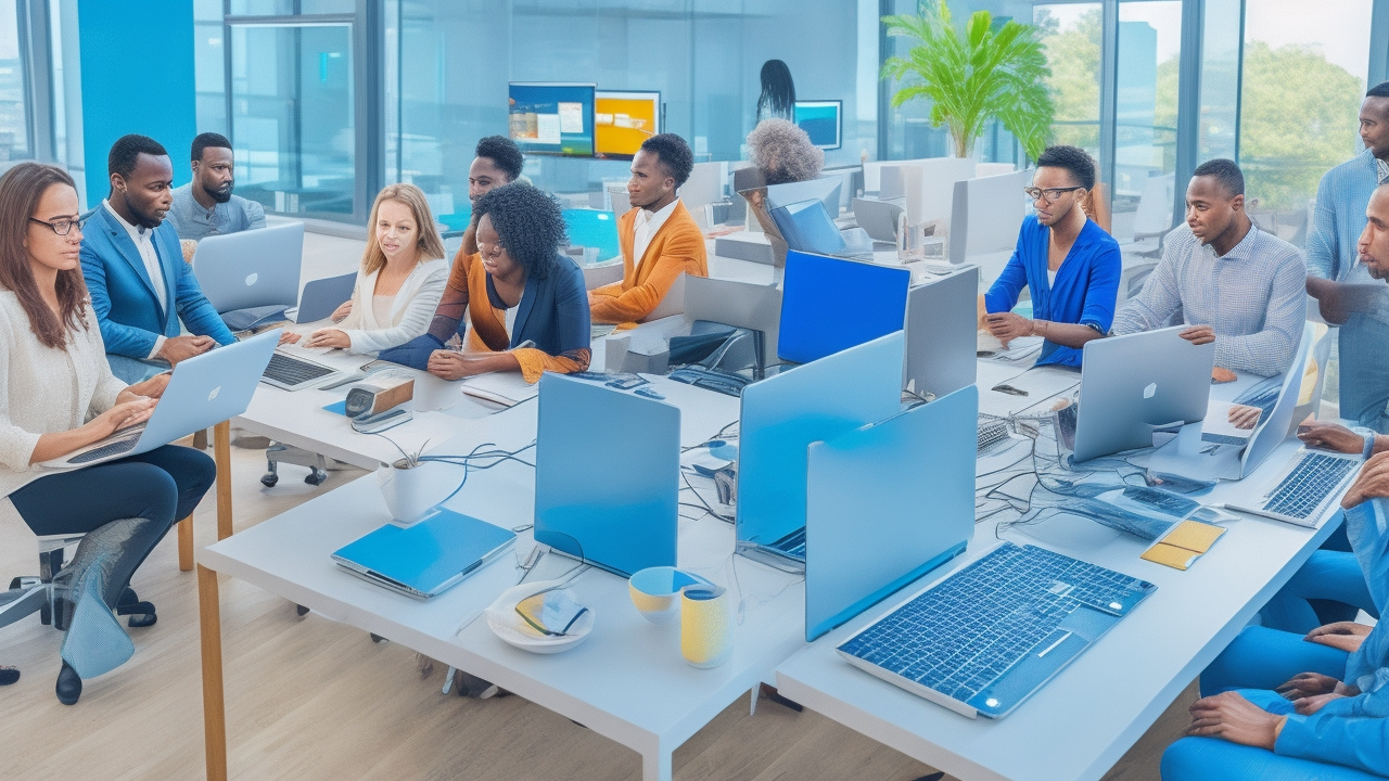 A diverse group of professionals collaborating over laptops and digital devices in a modern office, surrounded by floating semi-transparent keyword tags and structured subject headings, illustrating the strategic balance between flexible keyword research and precise subject categorization for smarter SEO and academic research.