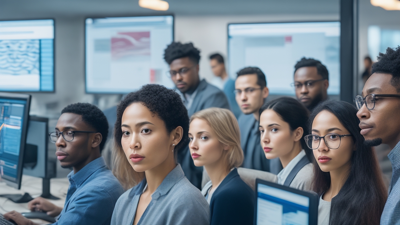 A diverse group of focused data annotators and AI researchers collaborate in a modern, softly lit workspace filled with computer screens displaying abstract facial expressions and waveform patterns, capturing the complex, human-driven process of teaching artificial intelligence to understand and interpret nuanced emotions.