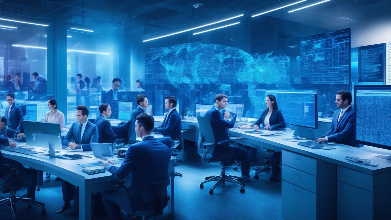 A dynamic corporate workspace showing diverse professionals collaborating intensely over multiple transparent digital data streams and abstract AI visualizations, illuminated by cool blue and warm ambient lighting, conveying the transformation of raw enterprise data into strategic AI-driven insights.