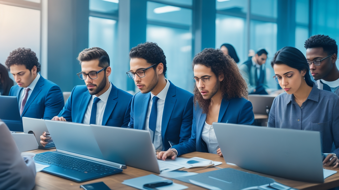 A cinematic, editorial-style photo of a diverse team of Brazilian tech professionals collaborating over laptops and data charts in a modern office, with subtle Brazilian cultural elements and warm natural lighting that highlights the scale and innovation of AI data annotation for Portuguese language localization.